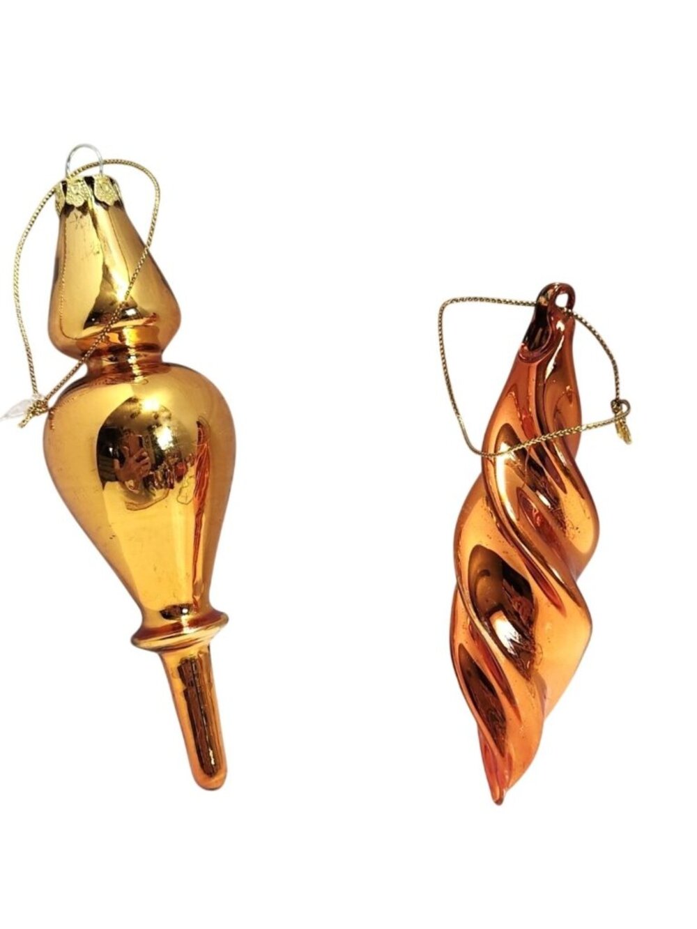 Gold and Orange Glass Christmas Tree Ornaments Metallic Shapes Set of 2 Swirl